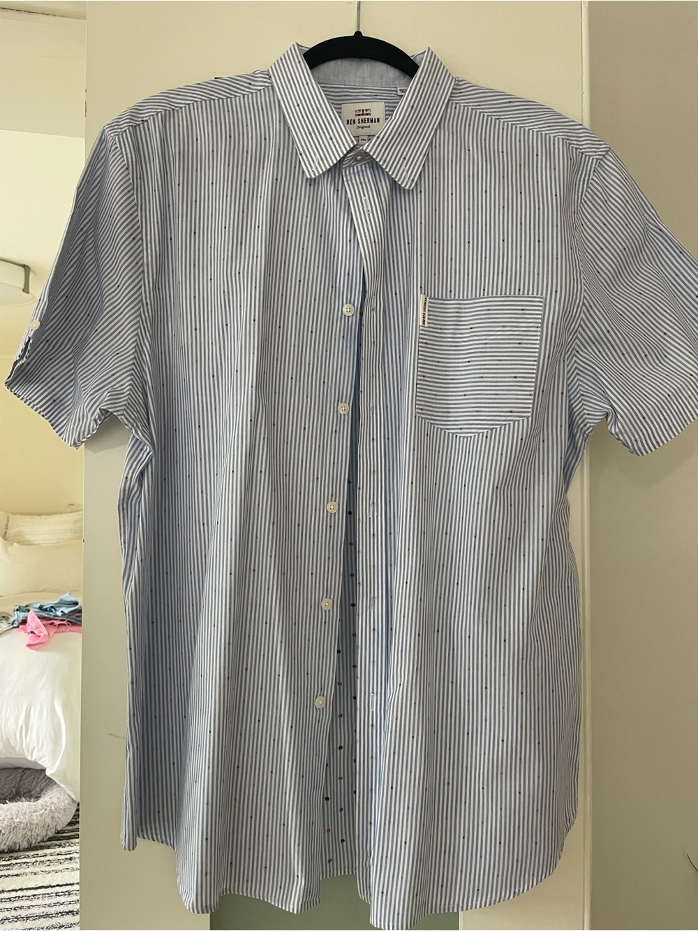 Ben Sherman Light Blue and White Short-Sleeve Striped Button-Up